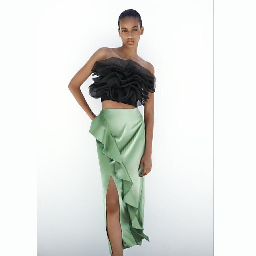 Zara NWT Mint Green Satin Ruffle Front Slit High Waist Midi Skirt M - Picture 14 of 16